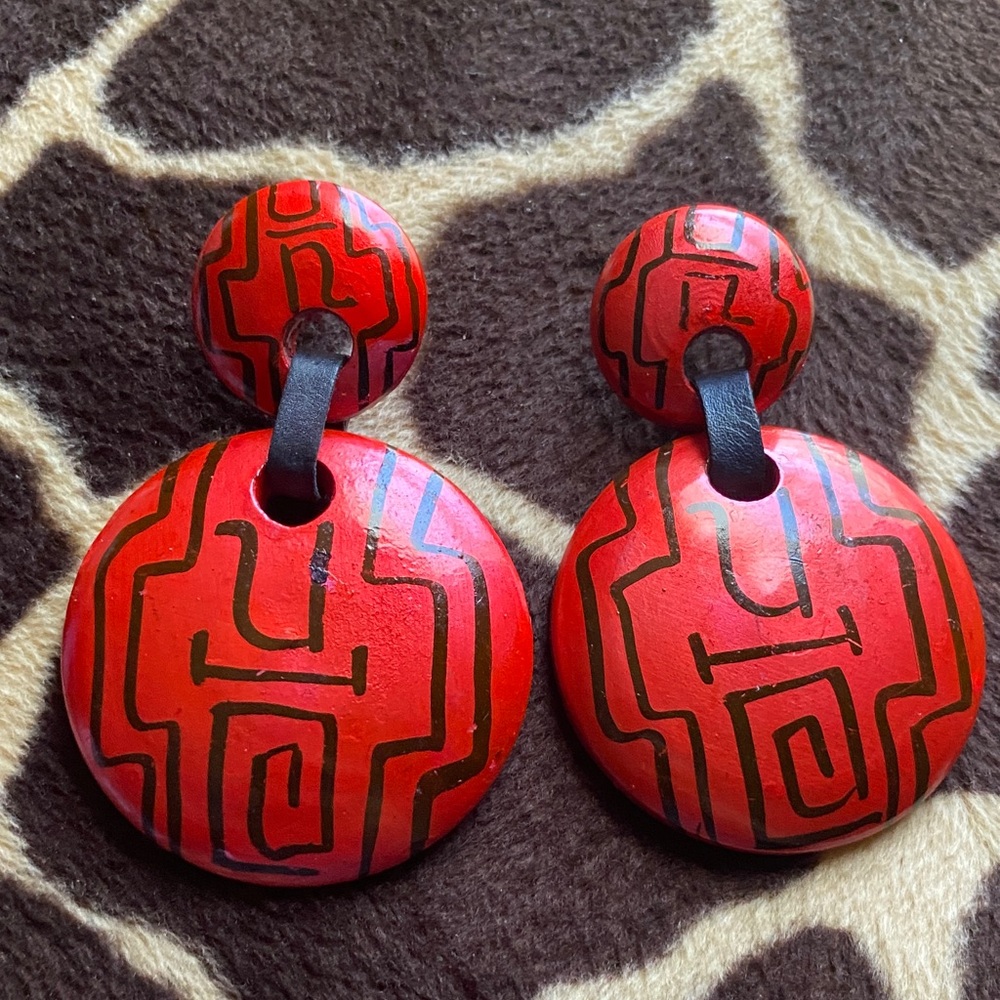 Vintage 80’s Red and Black Hand Painted Shellacked Wood Earrings